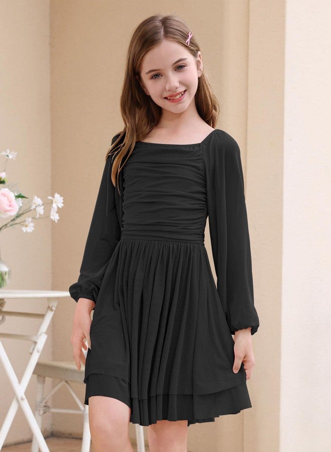 ODIZLI Kids Girls Mesh Long Sleeve Ruched Double Layered Ruffle A Line Party Dress Square Neck Fall Casual Tween Dresses, Black, 7-8 Years - Image 2