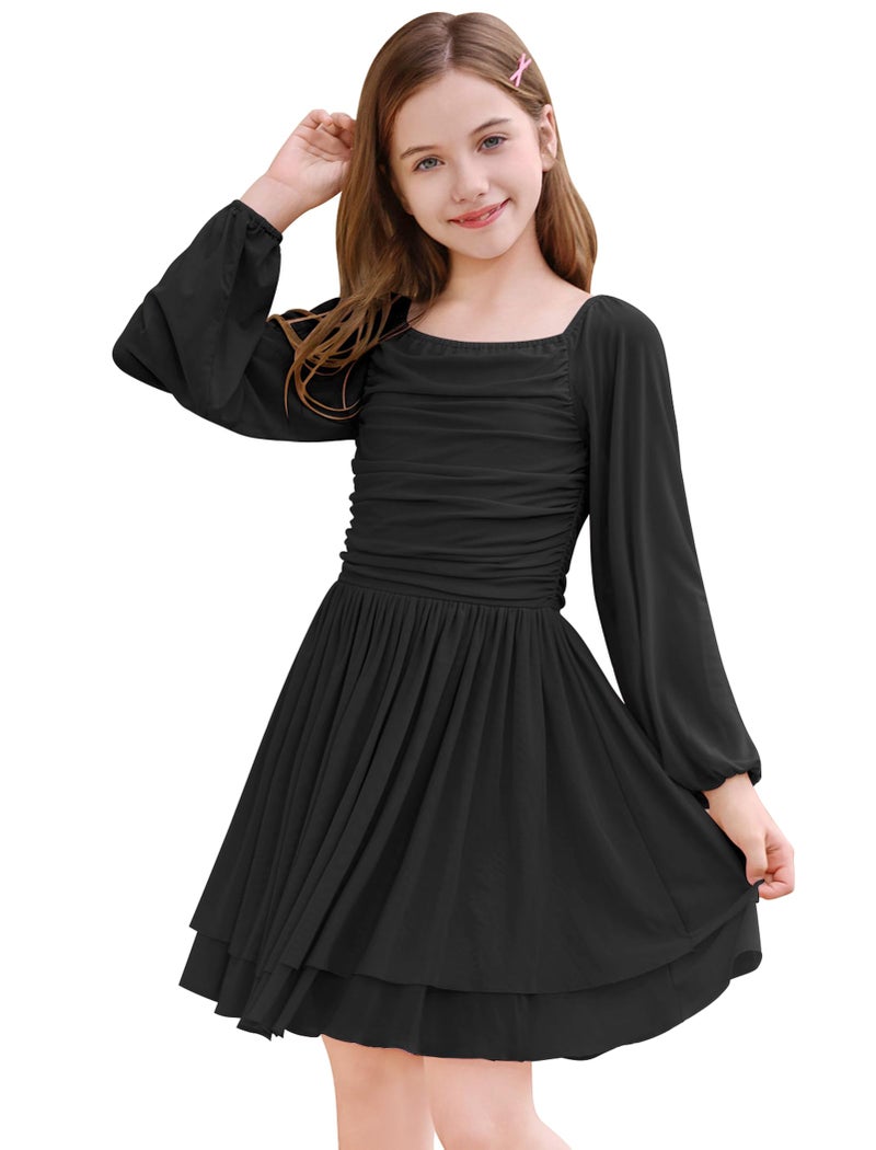 ODIZLI Kids Girls Mesh Long Sleeve Ruched Double Layered Ruffle A Line Party Dress Square Neck Fall Casual Tween Dresses, Black, 7-8 Years - Image 1