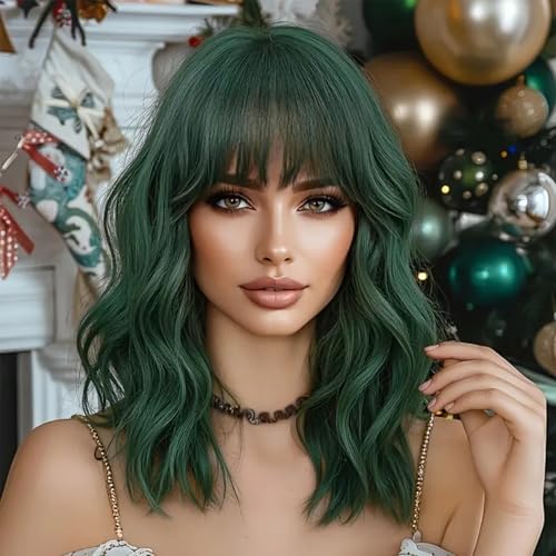 NAYOO Dark Green Wavy Bob Wig with Bangs for Women 14 Inch Shoulder Length Short Green Wig Heat Resistant Loose Wave Hair for Daily Wear Party Cosplay - Image 1