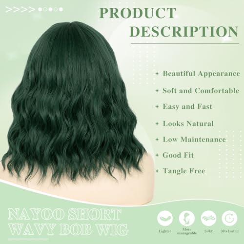 NAYOO Dark Green Wavy Bob Wig with Bangs for Women 14 Inch Shoulder Length Short Green Wig Heat Resistant Loose Wave Hair for Daily Wear Party Cosplay - Image 3
