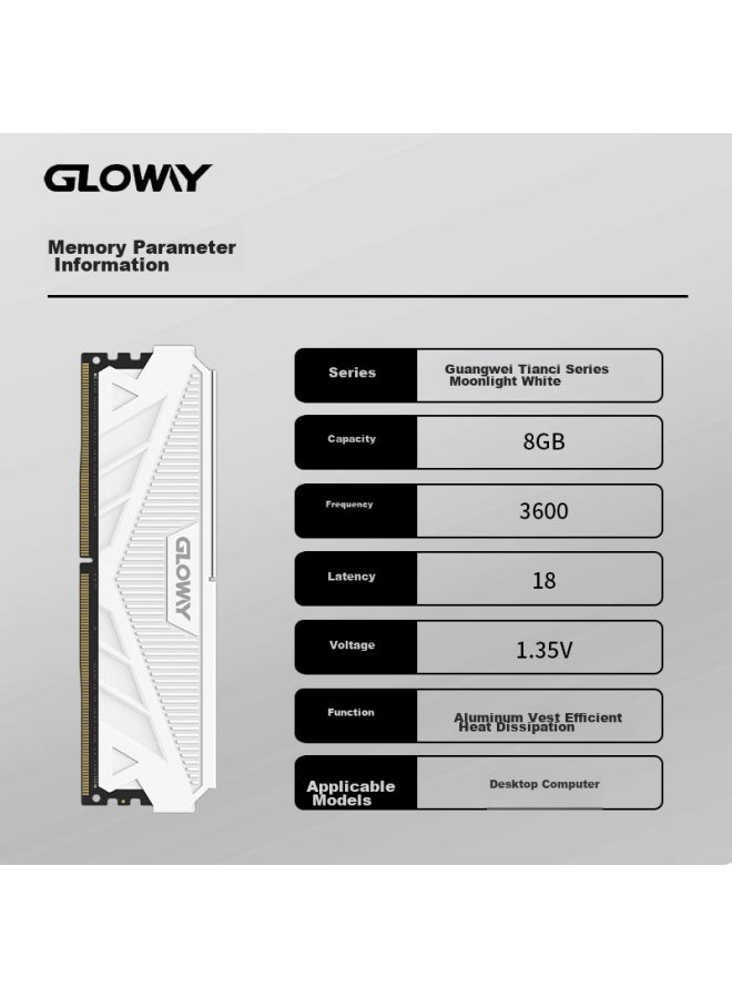 Gloway 8gb Ddr4 3600 Desktop Memory Module, Tianche, Heat Spreader, Premium Chips, Cl18, Moonlight White - Image 3
