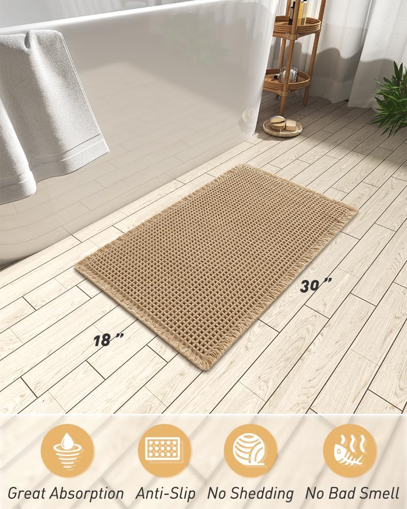 AMOAMI Upgraded Waffle Bath Mat, Super Absorbent Non-Slip Bath Mats for Bathroom Floor, Machine Washable Tassel Bath Rugs, Bath Mats with Rubber Backing, Ultra Soft, 18 Inch - Image 2
