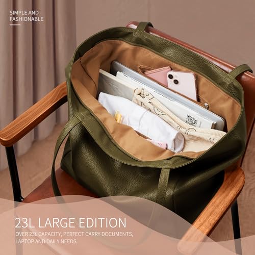 KALIDI Large Tote Bag Vegan Leather Casual Zipper Work Bag Weekender Hobo for Women 23L Oversize Shoulder Travel Purse (Olive Green) - Image 4