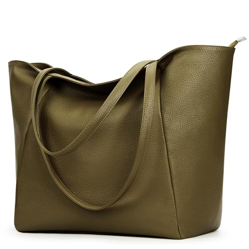 KALIDI Large Tote Bag Vegan Leather Casual Zipper Work Bag Weekender Hobo for Women 23L Oversize Shoulder Travel Purse (Olive Green) - Image 1