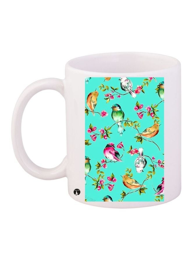 RYN Bird Printed Coffee Mug White/Green/Pink 11ounce