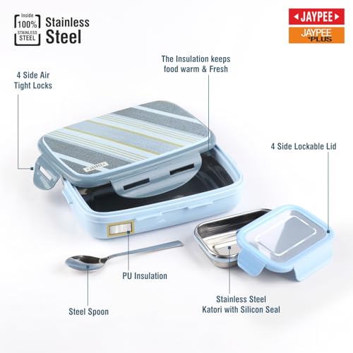 JAYPEE Ecosteel Sr. Inner Stainless Steel Insulated Lunch Box for School Kids |Airtight Leakproof Tiffin Box for Kids |Food Grade|BPA Free, 550 ml, Blue - Image 5