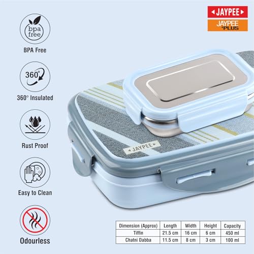 JAYPEE Ecosteel Sr. Inner Stainless Steel Insulated Lunch Box for School Kids |Airtight Leakproof Tiffin Box for Kids |Food Grade|BPA Free, 550 ml, Blue - Image 3