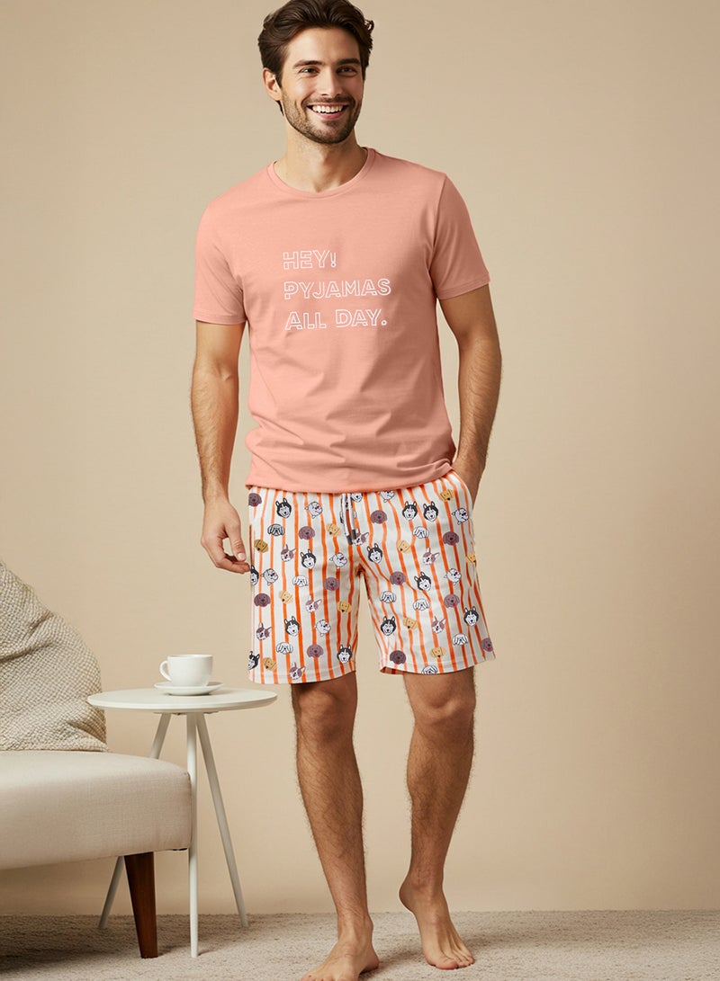 trendyol Unisex Orange Regular Fit Dog Printed Knitted Shorts Pajamas Set Tmnss23Pt00000 - Image 2