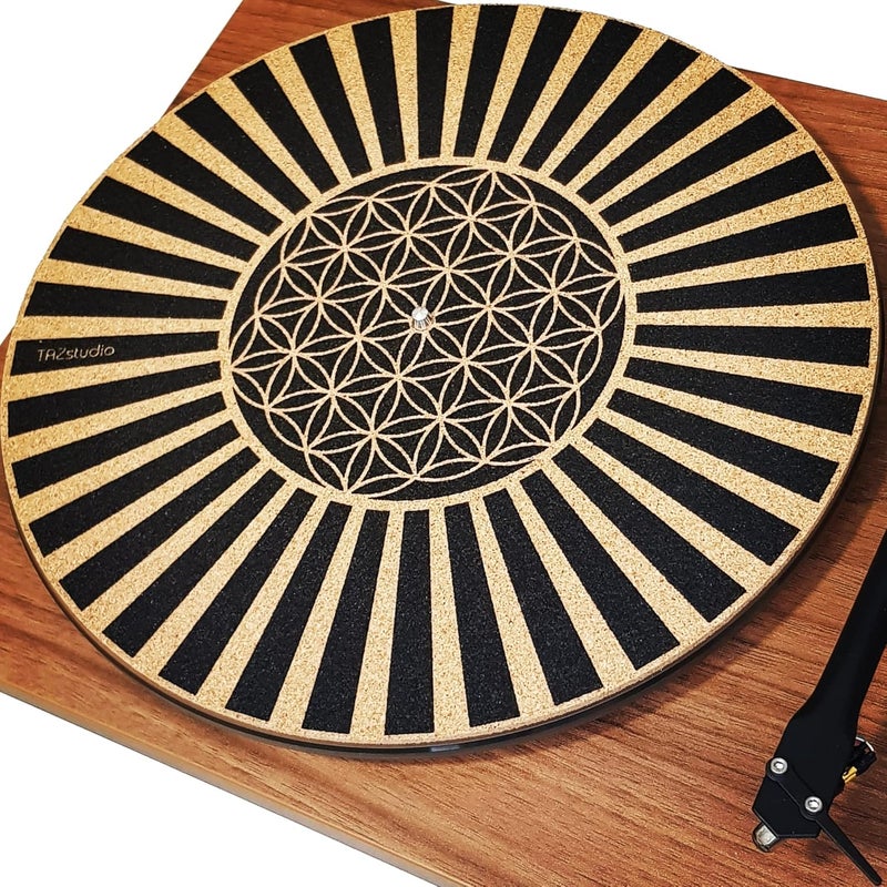 Taz Studio Premium slipmat - Cork Turntable Mat for Better Sound Support on Vinyl LP Record Player - Cork mat Original Art Design - Psychedelic Geometric The Flower of Life (4mm Thick)-m6 - Image 1