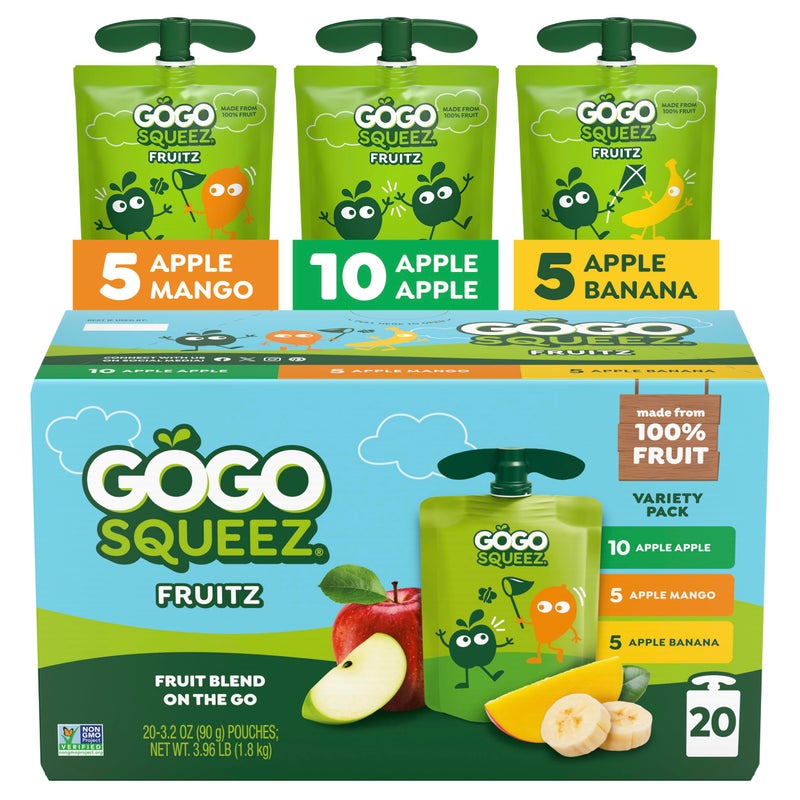 GoGo squeeZ No Sugar Added Applesauce and Fruit Puree Variety Pack Apple Mango  Banana 32 oz Pouches Pack of 20 Fruit Snacks for Kids Gluten Free Nut Free Recloseable Cap BPA Free - Image 3