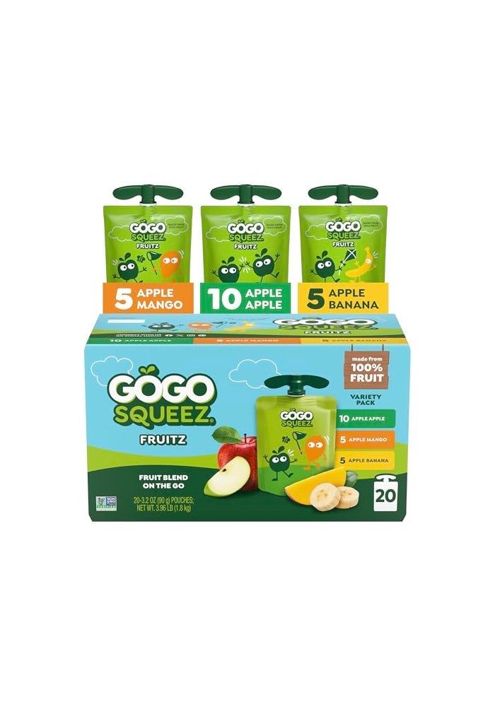 GoGo squeeZ No Sugar Added Applesauce and Fruit Puree Variety Pack Apple Mango  Banana 32 oz Pouches Pack of 20 Fruit Snacks for Kids Gluten Free Nut Free Recloseable Cap BPA Free - Image 1