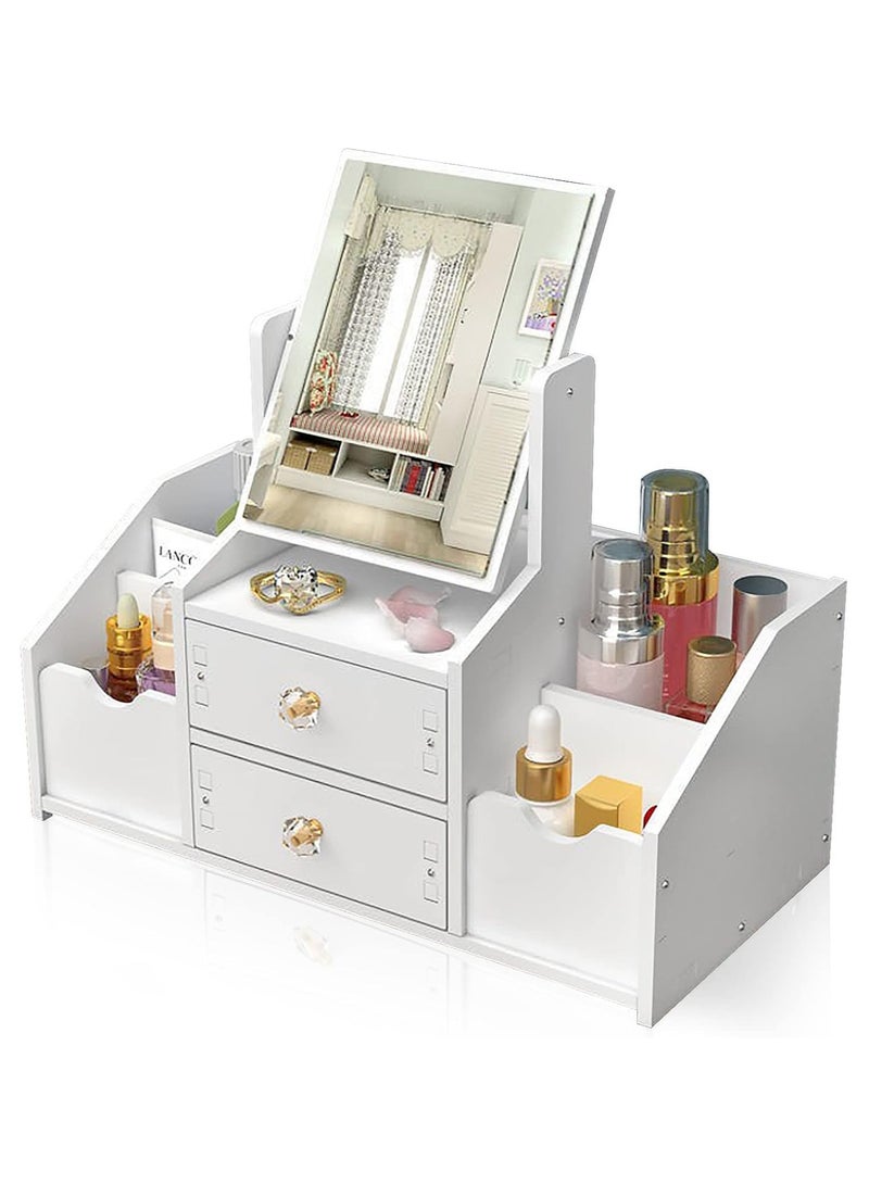 Makeup Organiser with Drawer, Dressing Table Organiser with Mirror, White Cosmetic Organiser, Desktop Cosmetic Organiser, for Dresser, Bedroom, Bathroom (Square Mirror)