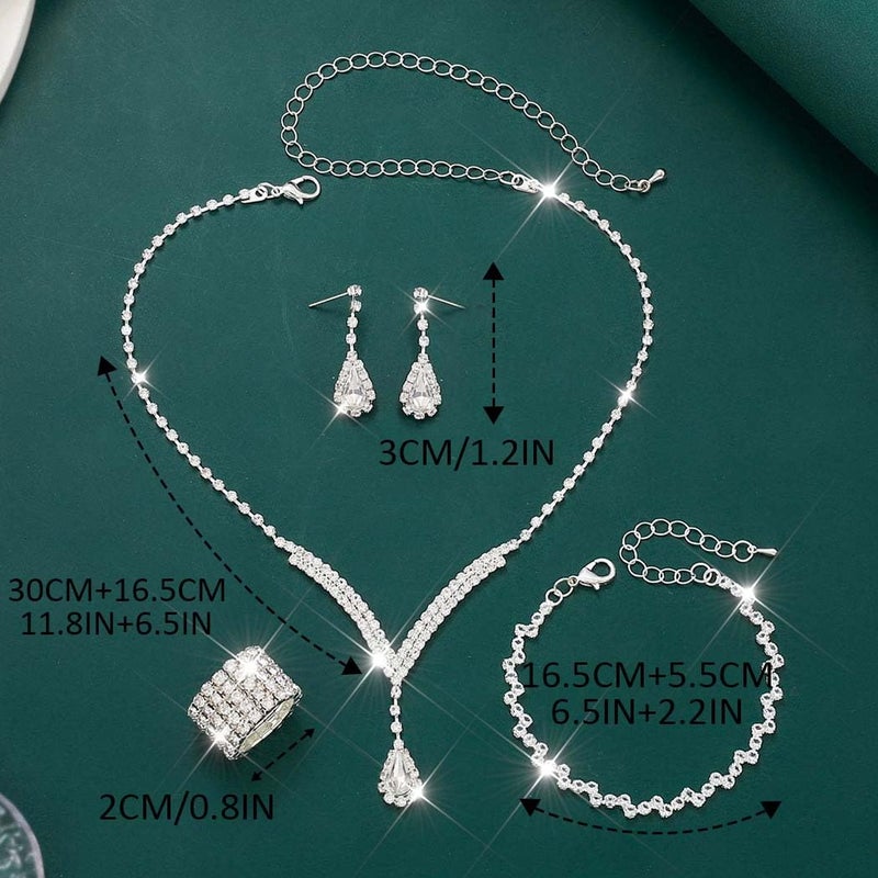 Unicra Bridal Wedding Jewelry Set Silver Rhinestone Necklace Earrings Sets Formal Costume Jewelry for Women and Brides (C-4 Pack Silver Necklace Bracelet Rings Earrings) - Image 5