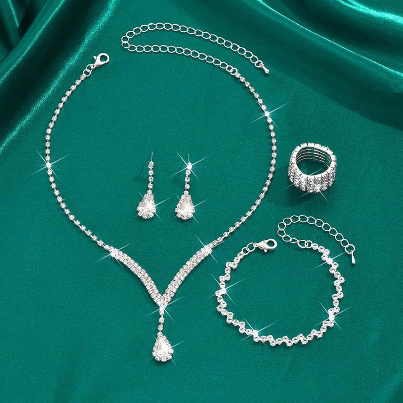 Unicra Bridal Wedding Jewelry Set Silver Rhinestone Necklace Earrings Sets Formal Costume Jewelry for Women and Brides (C-4 Pack Silver Necklace Bracelet Rings Earrings) - Image 2