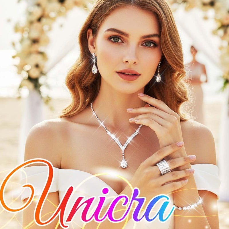 Unicra Bridal Wedding Jewelry Set Silver Rhinestone Necklace Earrings Sets Formal Costume Jewelry for Women and Brides (C-4 Pack Silver Necklace Bracelet Rings Earrings) - Image 4