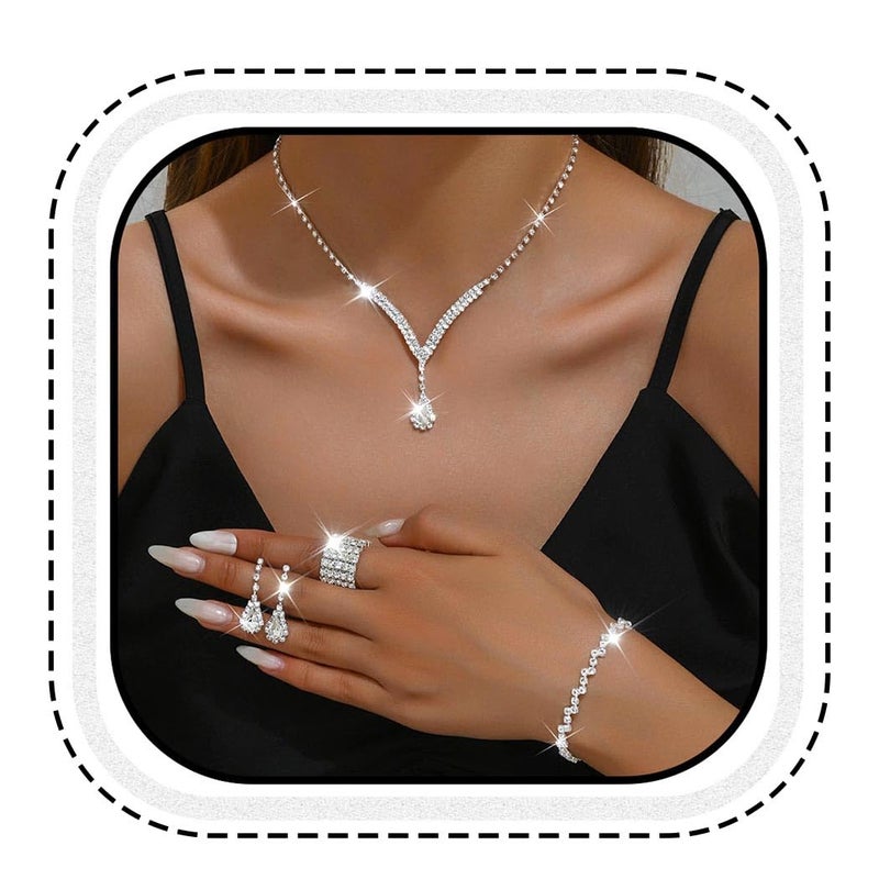 Unicra Bridal Wedding Jewelry Set Silver Rhinestone Necklace Earrings Sets Formal Costume Jewelry for Women and Brides (C-4 Pack Silver Necklace Bracelet Rings Earrings) - Image 1