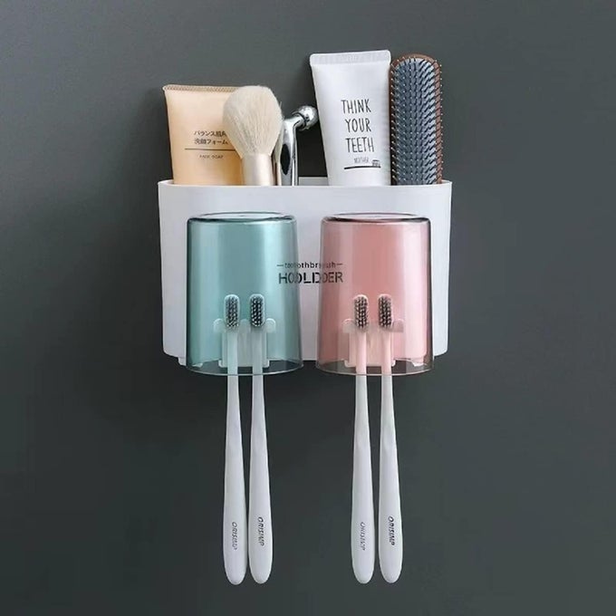 WALLMOUNTED TOOTHBRUSH HOLDER WITH 2 CUPS WHITE PLASTIC DURABLE BATHROOM ORGANIZER FOR TOOTHBRUSHES TOOTHPASTE AND ACCESSORIES SLEEK SPACESAVING DESIGN