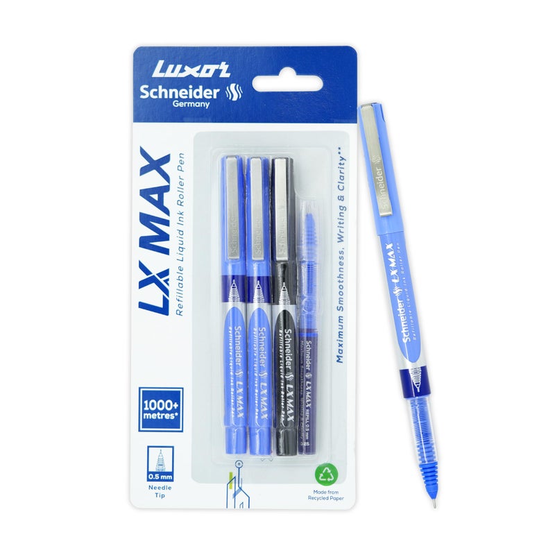 Luxor Schneider LX Max Needle Tip Pen for Students and Office Use | Pack of 2 Blue + 1 Black + 1 Refill | Comfortable Grip, Ideal for Daily Writing - Image 5