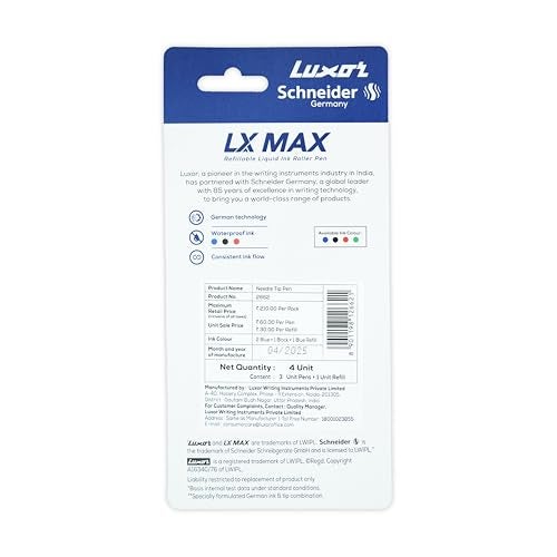 Luxor Schneider LX Max Needle Tip Pen for Students and Office Use | Pack of 2 Blue + 1 Black + 1 Refill | Comfortable Grip, Ideal for Daily Writing - Image 4