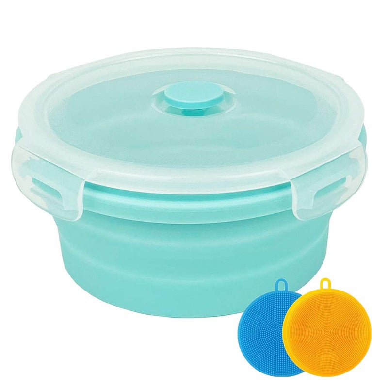 CARTINTS Small Collapsible Bowl Silicone Food Storage Containers Collapsible Camping Bowl for Travel Camping Hiking with Airtight Plastic Lids and 2Pack Silicone Dish Sponges- Blue  350ml - Image 1