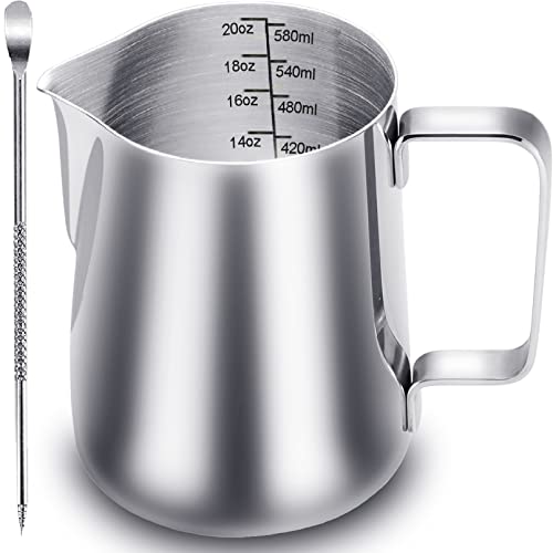 CAMKYDE Milk Frothing Pitcher 20 oz, Stainless Steel Espresso Steaming Pitcher with Decorating Pen for Coffee, Espresso Machines, Cappuccino, Latte Art (Silver) - Image 1