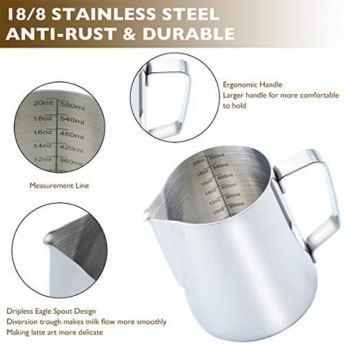 CAMKYDE Milk Frothing Pitcher 20 oz, Stainless Steel Espresso Steaming Pitcher with Decorating Pen for Coffee, Espresso Machines, Cappuccino, Latte Art (Silver) - Image 4
