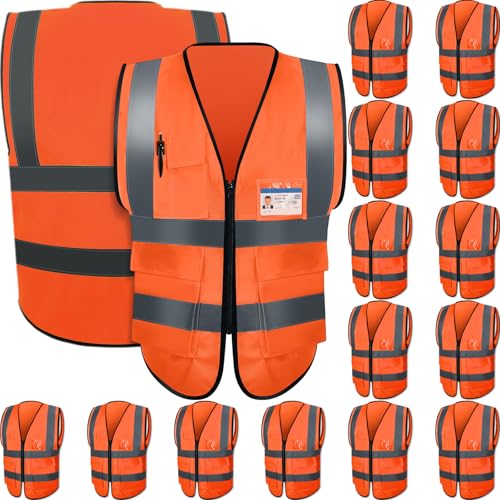 JaGely 15 Pack Reflective Safety Vests with Pockets and Zipper Construction Work High Visibility Vest for Men Women(X-Large,Orange Red) - Image 1