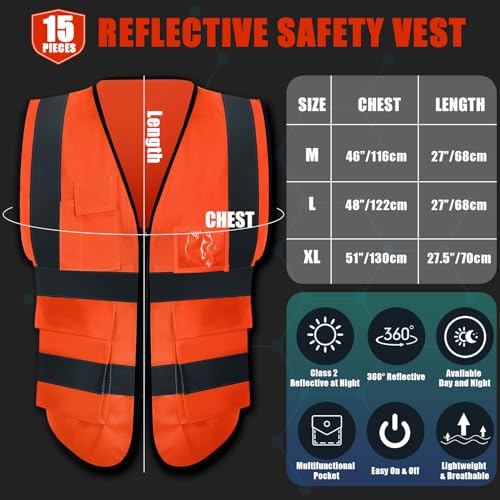 JaGely 15 Pack Reflective Safety Vests with Pockets and Zipper Construction Work High Visibility Vest for Men Women(X-Large,Orange Red) - Image 2