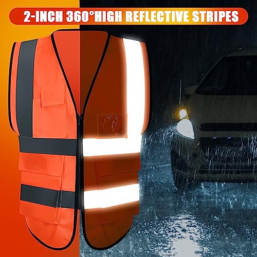 JaGely 15 Pack Reflective Safety Vests with Pockets and Zipper Construction Work High Visibility Vest for Men Women(X-Large,Orange Red) - Image 4