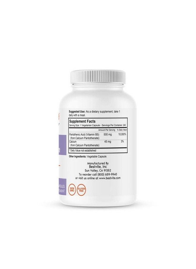 BESTVITE - Pantothenic Acid 500Mg (Vitamin B5)(240 Vegetarian Capsules) No Stearates No Gelatin No Calcium Silicate Vegan Non Gmo Gluten Free - Image 1