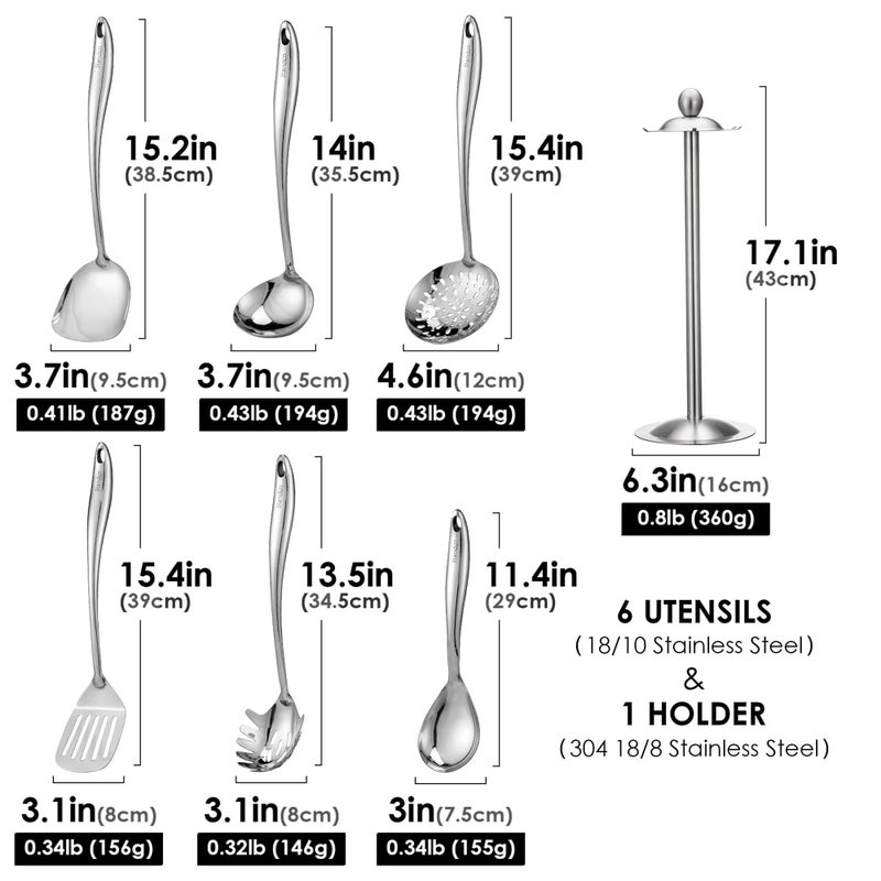 Standcn 18/10 Stainless Steel Cooking Utensils Set with Holder, 7-Pieces All Metal Kitchen Utensils, 15â€™â€™ Long Kitchen Tools with Countertop Rotating Stand, Spatula, Ladle, Skimmer, Tunner, Pasta, Large Spoon - Image 2