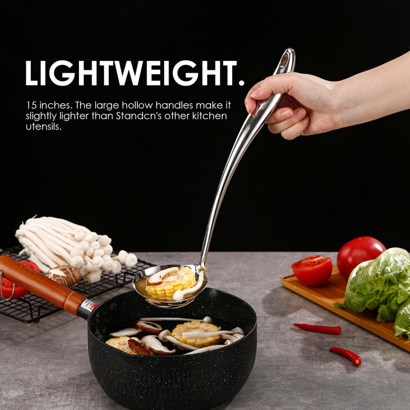 Standcn 18/10 Stainless Steel Cooking Utensils Set with Holder, 7-Pieces All Metal Kitchen Utensils, 15â€™â€™ Long Kitchen Tools with Countertop Rotating Stand, Spatula, Ladle, Skimmer, Tunner, Pasta, Large Spoon - Image 4