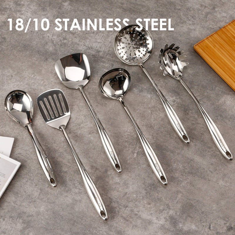 Standcn 18/10 Stainless Steel Cooking Utensils Set with Holder, 7-Pieces All Metal Kitchen Utensils, 15â€™â€™ Long Kitchen Tools with Countertop Rotating Stand, Spatula, Ladle, Skimmer, Tunner, Pasta, Large Spoon - Image 3