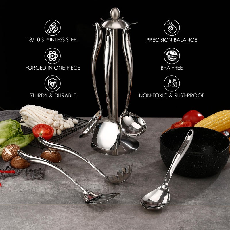 Standcn 18/10 Stainless Steel Cooking Utensils Set with Holder, 7-Pieces All Metal Kitchen Utensils, 15â€™â€™ Long Kitchen Tools with Countertop Rotating Stand, Spatula, Ladle, Skimmer, Tunner, Pasta, Large Spoon - Image 5