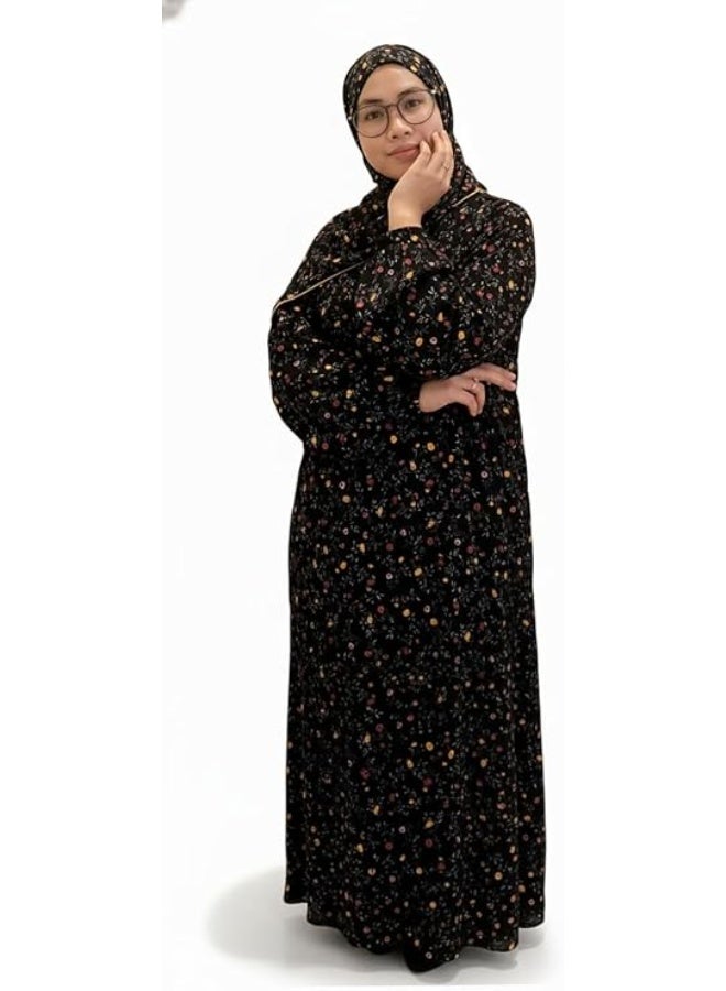 أمياي فستان صلاة نسائي قطعة واحدة | ملابس صلاة إسلامية كاملة للصلاة والعبادة مع طرحة متصلة | جلباب عباءة قطنية ناعمة وقابلة للتنفس | مناسب للعمرة والصلاة اليومية | قاعدة سوداء بتصميم مطبوع - Image 1