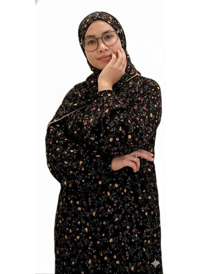 أمياي فستان صلاة نسائي قطعة واحدة | ملابس صلاة إسلامية كاملة للصلاة والعبادة مع طرحة متصلة | جلباب عباءة قطنية ناعمة وقابلة للتنفس | مناسب للعمرة والصلاة اليومية | قاعدة سوداء بتصميم مطبوع - Image 4