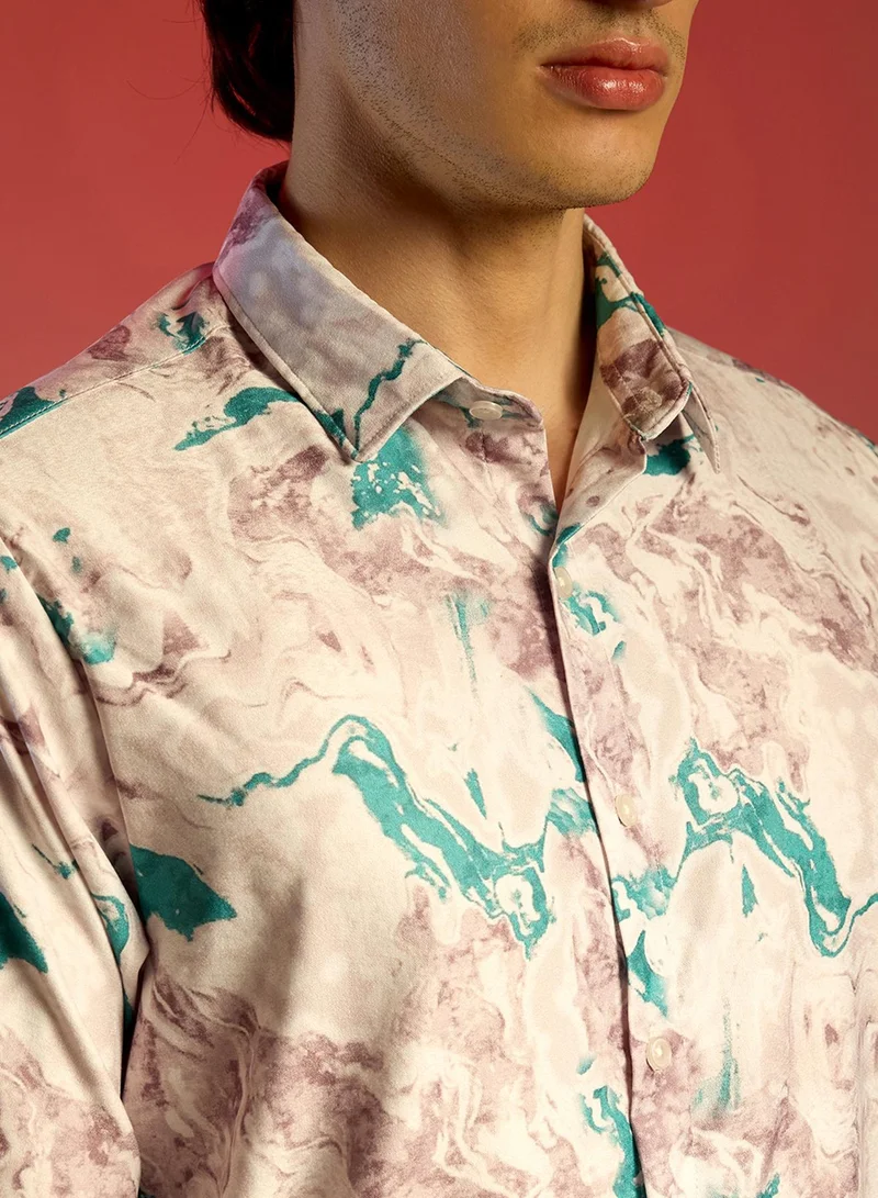 Campus Sutra Men's Moon Grey & Sea Green Fluid Marble Shirt