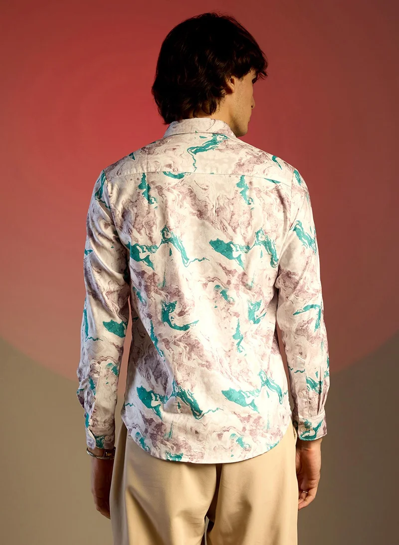 Campus Sutra Men's Moon Grey & Sea Green Fluid Marble Shirt