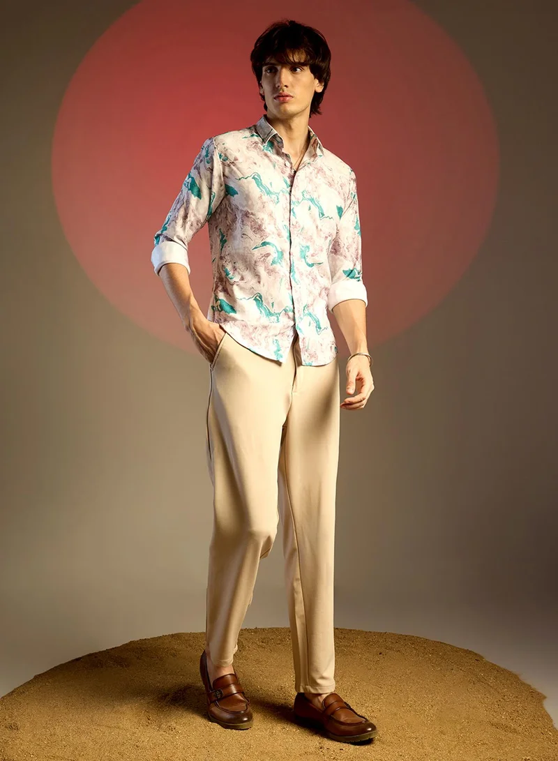 Campus Sutra Men's Moon Grey & Sea Green Fluid Marble Shirt