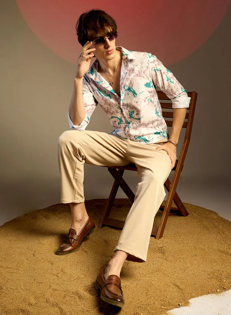 Campus Sutra Men's Moon Grey & Sea Green Fluid Marble Shirt