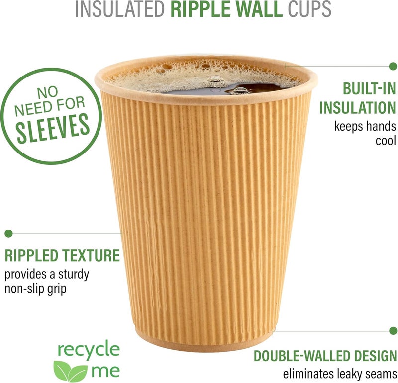 Restaurantware 500-CT Disposable Kraft 8-OZ Hot Beverage Cups with Ripple Wall Design: No Need for Sleeves - Perfect for Cafes - Eco-Friendly Recyclable Paper - Insulated - Wholesale Takeout Coffee Cup - Image 4