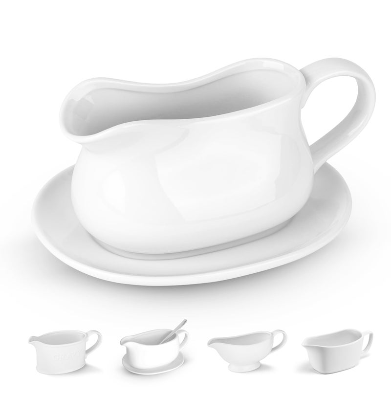 Kook Kook Gravy Boat  Saucer 17 oz Ceramic Serving Dish Dispenser with Tray for Sauces Dressings and Creamer Large Handle Microwave and Dishwasher Safe White Classic Gravy Boat 