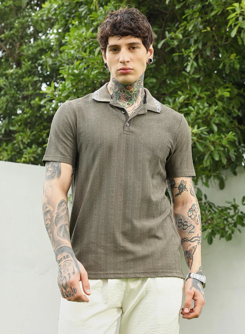 Campus Sutra Olive Green Textured Polo T-shirt for Men