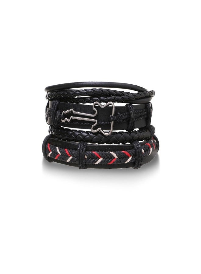 MarveBard Black Leather Bracelet Vintage Punk Style Bead Bracelet Multilayer Chunky Wrap Bracelets Woven Leather Cross Guitar Flower Cuff Bracelets for Men and Women (Black Guitar) - Image 1