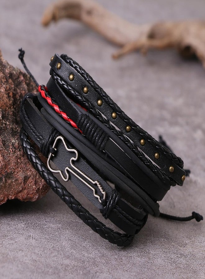 MarveBard Black Leather Bracelet Vintage Punk Style Bead Bracelet Multilayer Chunky Wrap Bracelets Woven Leather Cross Guitar Flower Cuff Bracelets for Men and Women (Black Guitar) - Image 3
