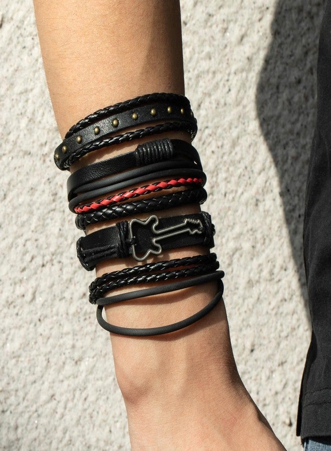 MarveBard Black Leather Bracelet Vintage Punk Style Bead Bracelet Multilayer Chunky Wrap Bracelets Woven Leather Cross Guitar Flower Cuff Bracelets for Men and Women (Black Guitar) - Image 2