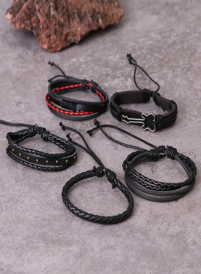 MarveBard Black Leather Bracelet Vintage Punk Style Bead Bracelet Multilayer Chunky Wrap Bracelets Woven Leather Cross Guitar Flower Cuff Bracelets for Men and Women (Black Guitar) - Image 5