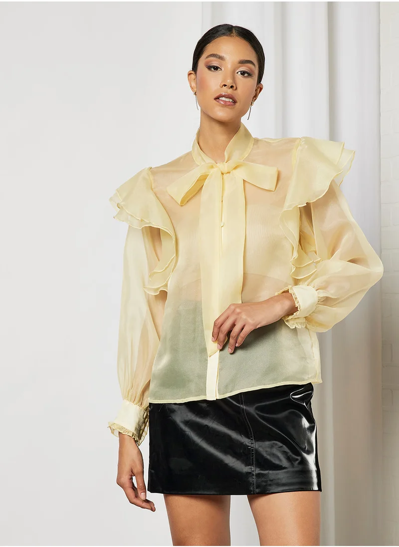 FEMME LUXE Sheer Balloon Sleeve Blouse