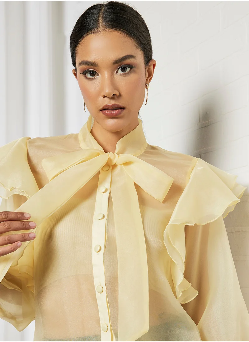 FEMME LUXE Sheer Balloon Sleeve Blouse