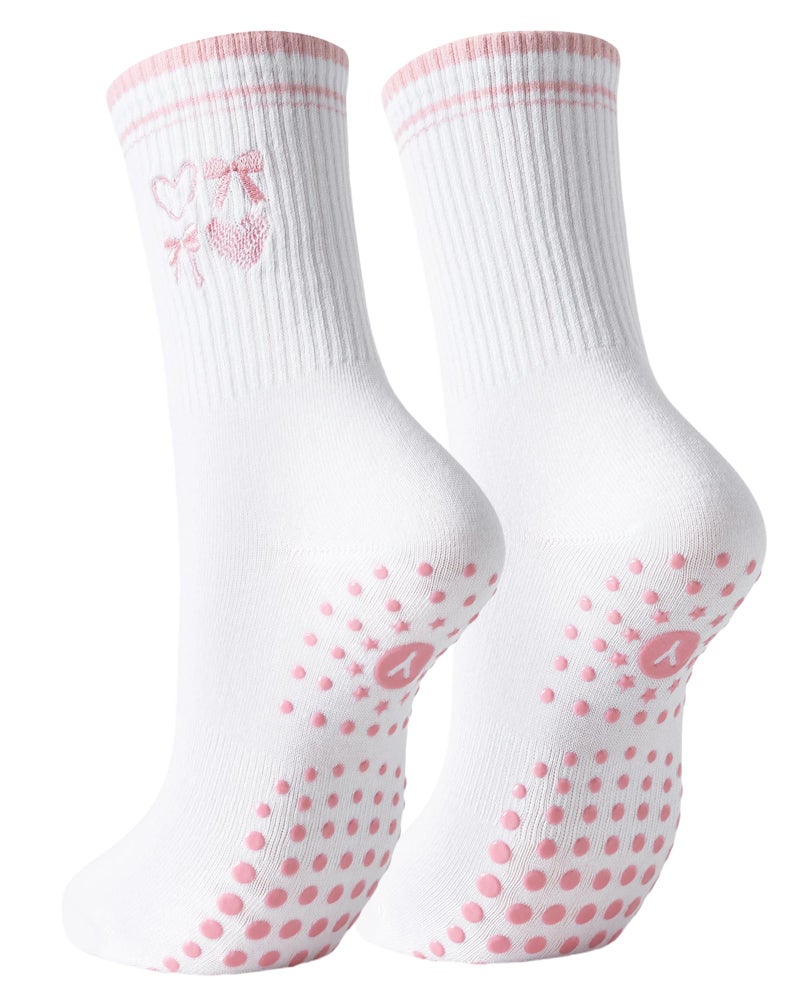 Yawlsow Pilates Grip Socks for Women Yoga Grippy Socks Cute Barre Non Skid Athletic Crew Sticky Sock Workout Hospital (US, Alpha, One Size, Regular, Regular, 1 Pack-Pink-Heart with Gift Bag) - Image 3